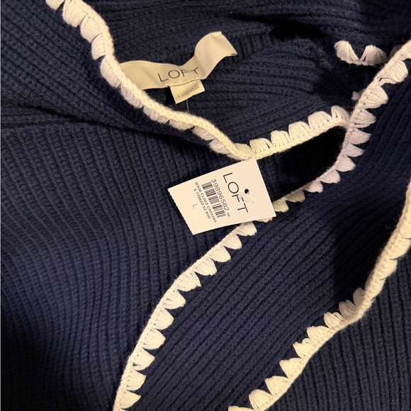 BNWT Loft Contrast Stitched Tie Neck Sweater Deep Blue - Picture 5 of 5